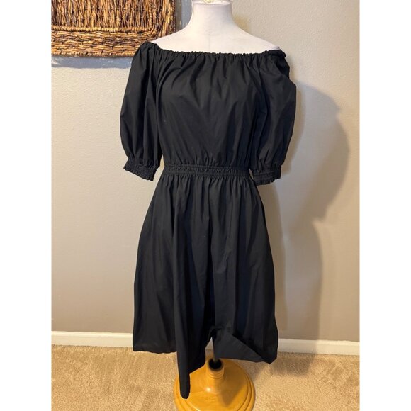 Gap Midi Dress M Medium Black Puff Sleeve Pockets Cotton Poplin A Line Washable - Picture 3 of 11